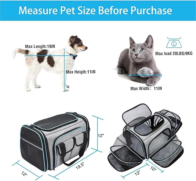 Airline-Approved Expandable Pet Carrier for Small Dogs & Cats, Soft-Sided Collapsible Travel Bag with 4-Way Access(White,Medium)