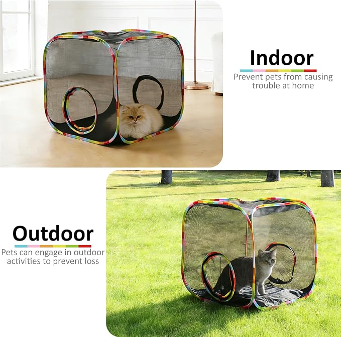 Portable Large Pop-Up Cat Play Cube, Mesh Escape-Proof Cat Enclosure for Indoor Outdoor, Collapsible Cat Playpen for Camping Travel, Ideal for Kittens and Small Pets