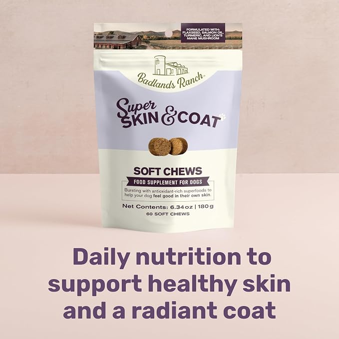 Badlands Ranch Super Skin & Coat Soft Chews for Dogs – Antioxidant-Rich Superfoods with Flaxseed, Salmon Oil, Turmeric & Lion’s Mane Mushroom – 60 Soft Chews