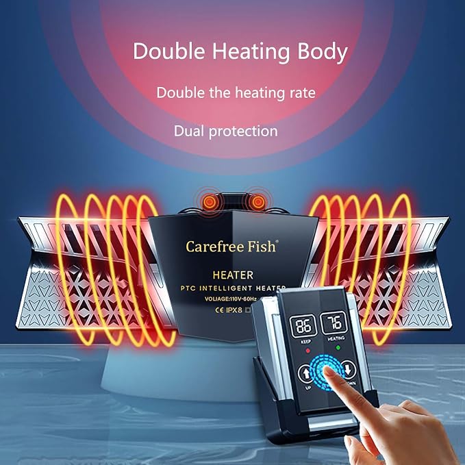 Carefree Fish Aquarium 300W 2IN1 PTC Ceramic Heater PID Control Digital Dual Independent Chip Control The Safest Most Accurate and Fastest Heater for Freshwater and Saltwater Tank (No Cooking Fish)