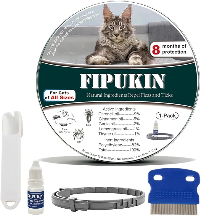 Natural Flea Collar for Cats | High‑Rated Plant‑Based Protection, 8‑Month Waterproof Formula | Includes Grooming Comb & Tick Removal Tool
