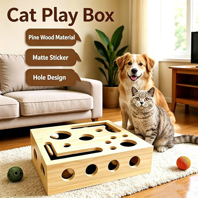 Cat Scratch Puzzle Enrichment Maze Box Wooden Nail File with Bell Ball Sandpaper Inside, Stress-Free Alternative to Nail Clippers and Grinders, for Cats that Hate Nail Trimming (Style-B)