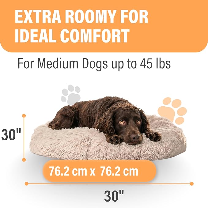 Active Pets Premium Medium Donut Dog Bed, Fits Up to 45 lbs, Machine Washable Cushion, Plush Long Pile Faux Fur Fabric, Portable Beige Pet Bed Furniture for Puppies Adult Canines & Cats