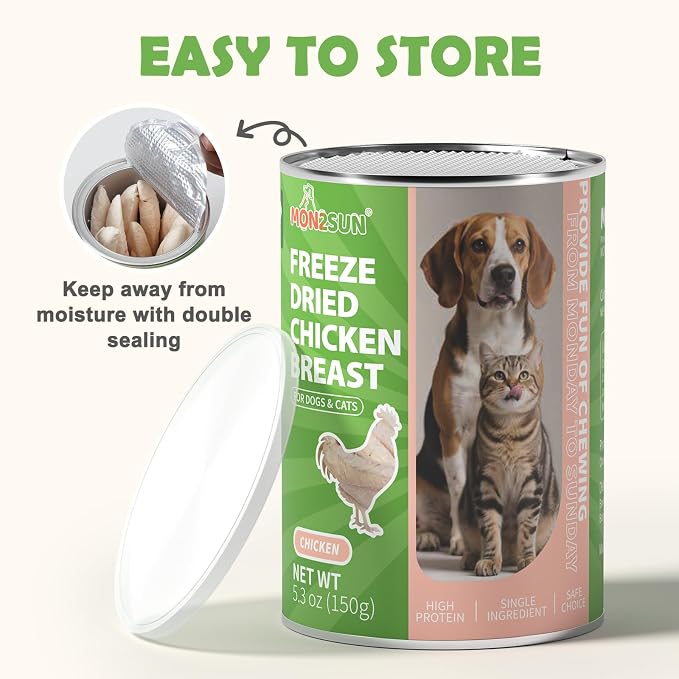 MON2SUN Freeze Dried Chicken Breast Dog & Cat Treats - Whole Cut, Single Ingredient, High Protein, Grain & Gluten Free, for Training Chew or Topper, 5.3oz