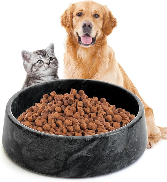 SAMAH Black Marble Dog Bowl, Non-Slip Non-Tipping Heavy Dog Food Bowl, Large Weighted Stone Dish, Natural Marble Pet Water Bowl, Easy to Clean, Present for Cat & Dog Lovers, Holds 6 Cups(6 lbs)