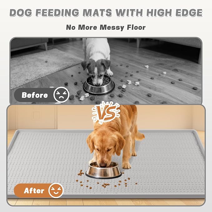 47" x 35" Silicone Dog Food Mat, Waterproof Pet Feeding Mat with Raised Edge, Extra Large Dog Bowl Mat Non-Slip Water Bowl Placemats for Dogs, Protects Floors, Easy to Clean (Light Gray)