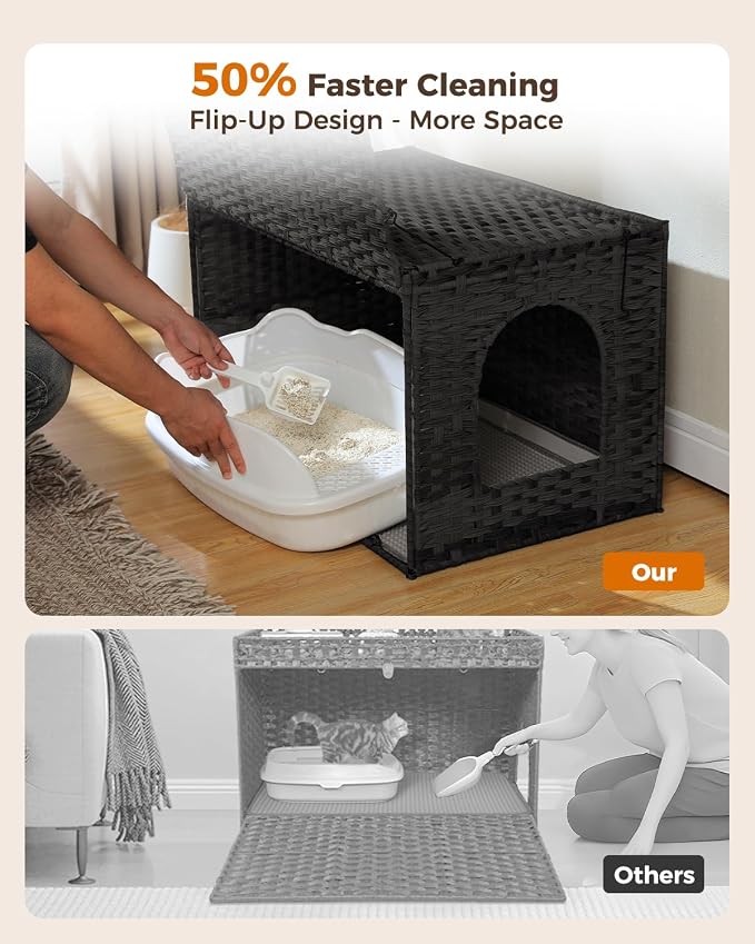 MUTTROS Rattan Cat Litter Box Enclosure - Hidden Litter Box Furniture by Handwoven Wicker with Taller Doorway & Raised Edge Mat-Cat House Cabinet for Large Cats Indoor Living Room Odor Control, Black