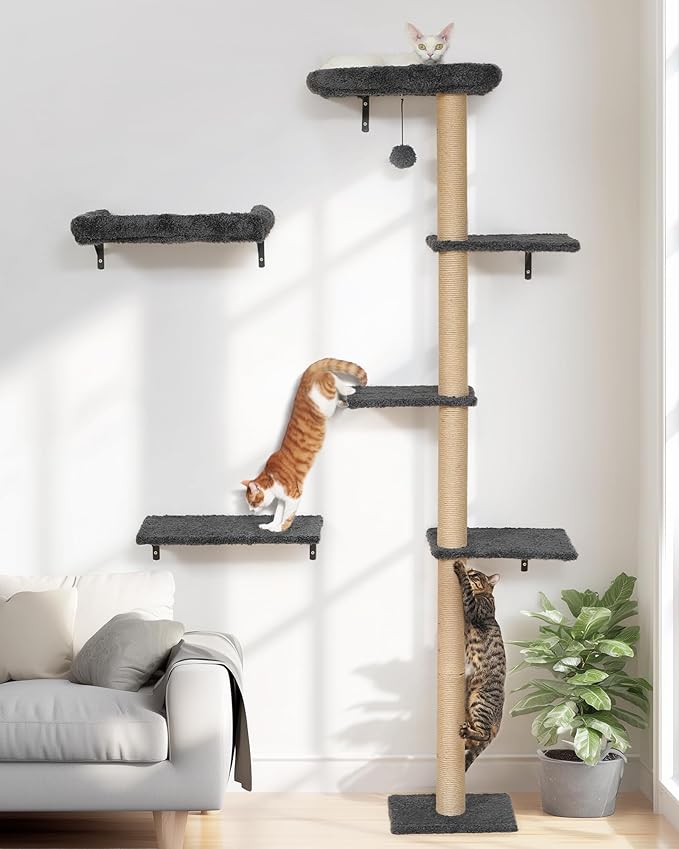 FUKUMARU Cat Wall Shelves Set, 70 Inch Stable Wall Mounted Tree, Kitten Scratching Post with Soft Cushion Perch, Space Saving Climbing Wall Furniture for 16 Inch Drywall - Gray