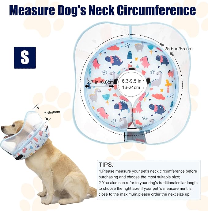Inflatable Dog Cone Collar for Large Medium Small Dogs, Soft Dog Donut Collar Adjustable Recovery Cone for Pets After Surgery, Extra Enhanced Anti-Licking Guard Shield (Dinosaur, Small)