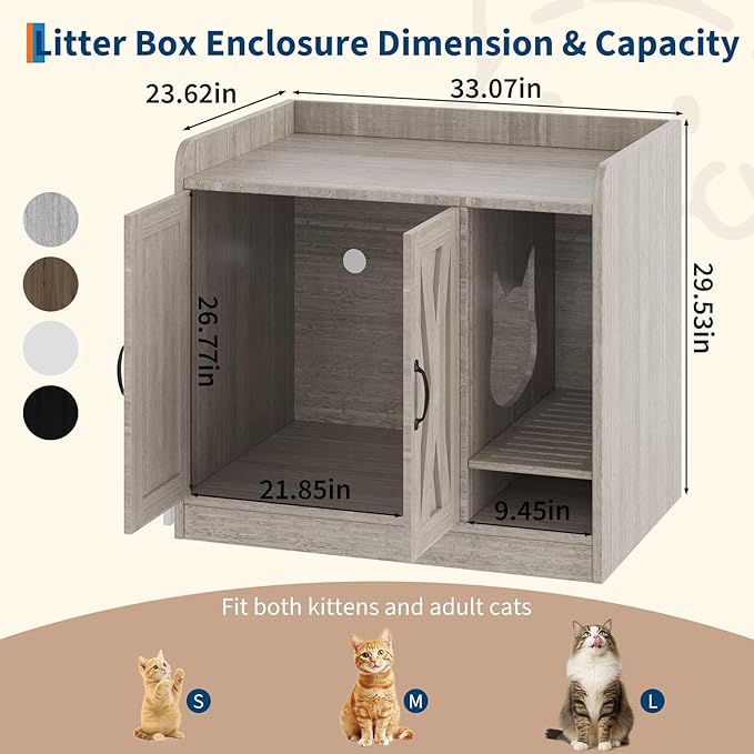 Cat Litter Box Enclosure,Hidden Litter Box Furniture with Divider,Indoor Cat House,Wooden Cat Washroom Storage Cabinet Bench, Side End Table Nightstand, 33.07" L × 23.62" W × 23.92" H,Light Gray