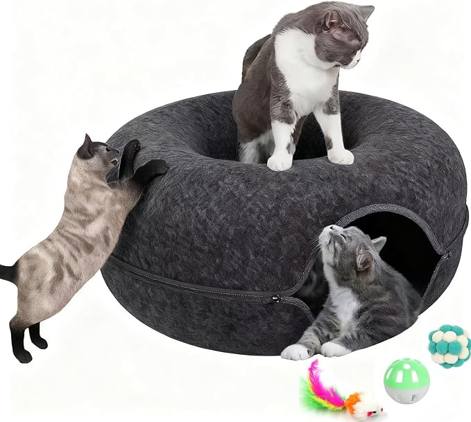 Cat Donut Tunnel Bed for Indoor Cats - Peekaboo Cat Cave, Detachable Felt, Washable, Interactive Play & Cozy Rest Space for Multiple Cats (Dark Gray)