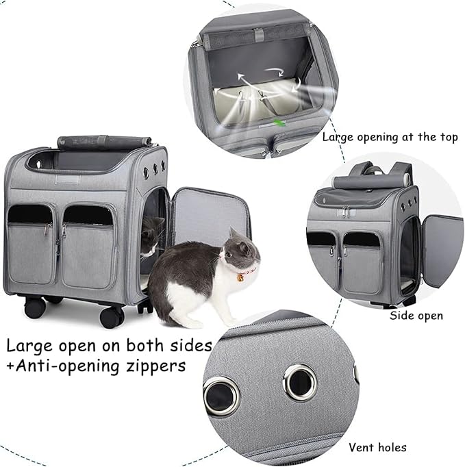 Wheeled Pet Carrier Backpack Pet Stroller,Travel Carrier with Detachable Wheels for Small Dogs Cats Puppies Up to 17 Lbs, Folding Puppy Carrier,Mesh Ventilation Windows, Storage Pockets