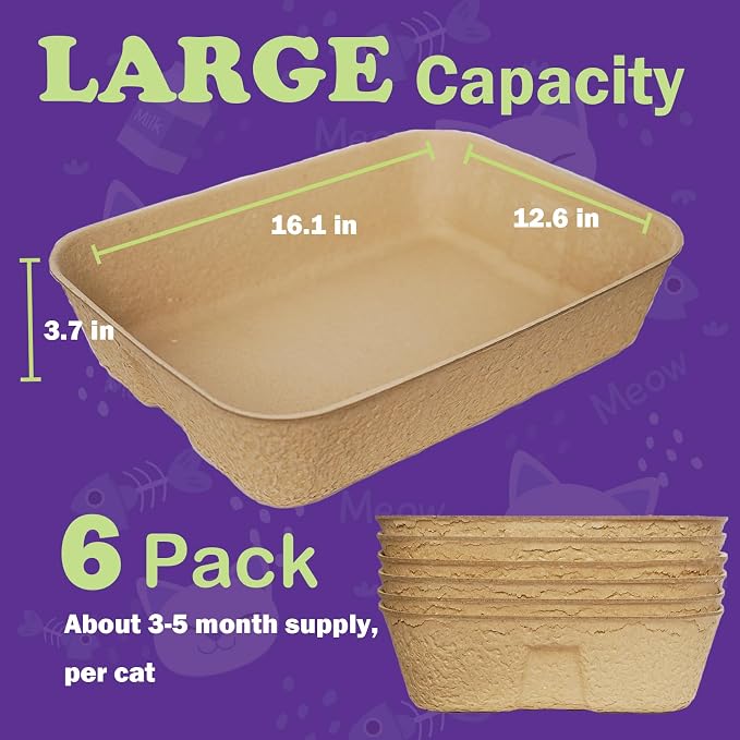 JINVOGREEN Disposable Litter Boxes for Cats, 6 Pack Cat Litter Trays for Travel, Temporary Use, or Liner – Leak-Proof, Eco-Friendly, Easy Clean-Up (16.1" x 12.4" x 3.7")