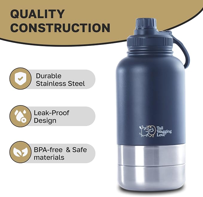 32oz 3-in-1 Portable Travel Water Bottle, Food & Hydration Bottle - Dual Use for Humans & Pets with Detachable Bowls, Stainless Steel, Keeps Water Hot for 6hrs & Cold for 12hrs