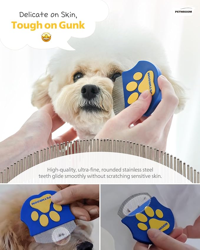 [PETHROOM] Healing Slicker Brush & Easy Facial Comb & Healing Brush Bundle | Pet Eye Booger Remover Rounded Comb & Coated Tips for Deshedding & Soothing Silicone Grooming Tool