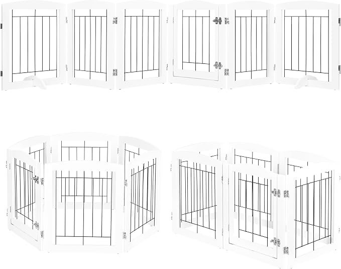 PAWLAND 6 Panels Dog Gate Indoor with Walk Through Door, Foldable FreeStanding Pet Gate for Doorways, Stairs, the Houes, Pet Puppy Safety Fence, 120 in Extra Wide, Support Feet Included, White