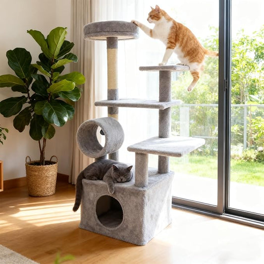 Tangkula Cat Tree Tower, 48 Inch Multi-Level Cat Tower with Large Condo, Sisal Scratching Post, Padded Top Perch, Tunnel, Hanging Ball, 3 Jumping Platforms for Indoor Cats (Light Gray)