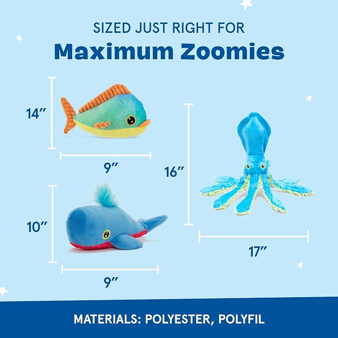 Barkbox Under The Sea Bundle - 3 Toys for Medium and Large Dogs - Squeaky Dog Toy, Tug Toy, Plush Chew Toys - Maggie Mahi, Shify Sid The Squid, Moby Lick