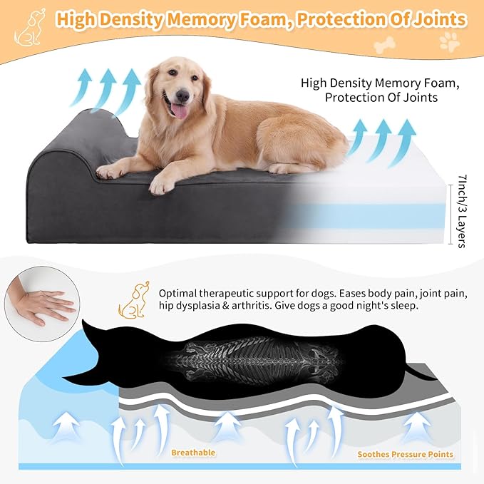 Rainmr Orthopedic Dog Beds for Large Dogs, 7" Memory Foam Dog Beds with Waterproof Liner, Durable Microsuede Cover, Removable and Washable, Nonskid Bottom, 48"x30"x7" L Grey