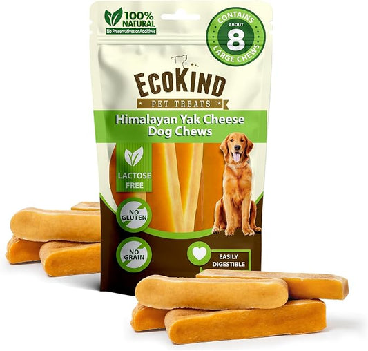 EcoKind Yak Cheese Himalayan Dog Chews, Yak Chews for Large Dogs, Long Lasting Bone for Aggressive Chewers, Only 3 Ingredients, Natural High Protein Dog Treats, No Additives, Large - 8+ Chews (2 lbs)