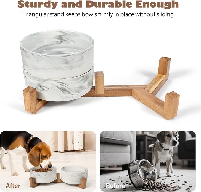 Dog Bowls Set with Wood Stand, 3.6-Cup Ceramic Pet Bowls for Medium Dogs, Weighted Food Water Bowl Set for Dog and Cat