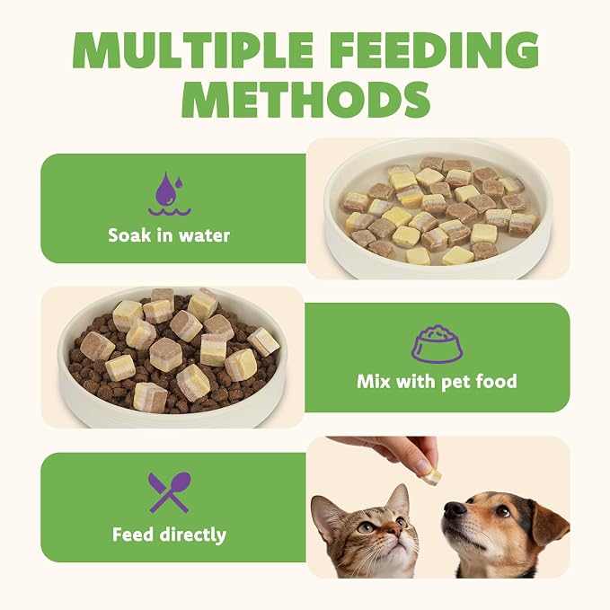 MON2SUN Triple-Layer Freeze Dried Cat & Dog Treats, Chicken, Egg & Chicken Liver Recipe Cube, Grain-Free High Protein Snacks, All Natural Food Topper or Training Rewards, 10.6oz