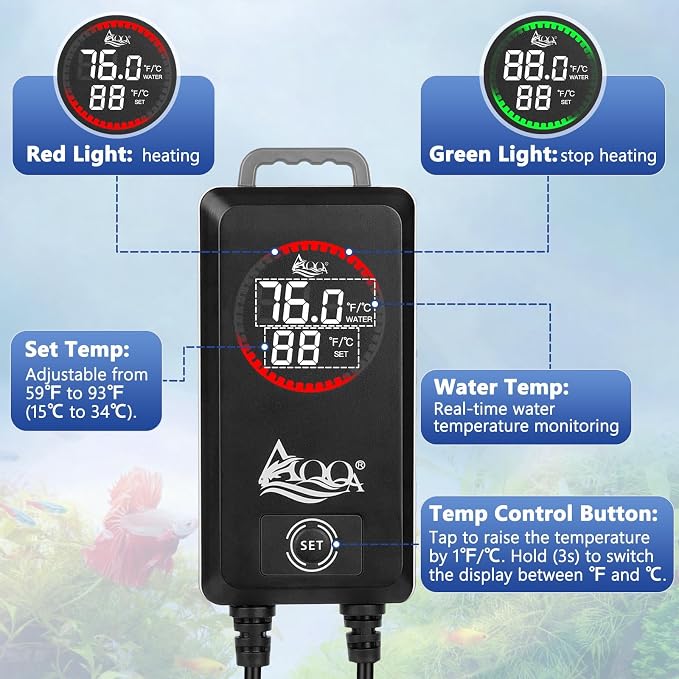 AQQA 800W Aquarium Heater, Fish Tank Heater with Digital Thermostat, Over-Temperature and Dry-Run Protection, for 90-150 Gallon Freshwater, Saltwater, Turtle Betta Fish Tank Aquarium