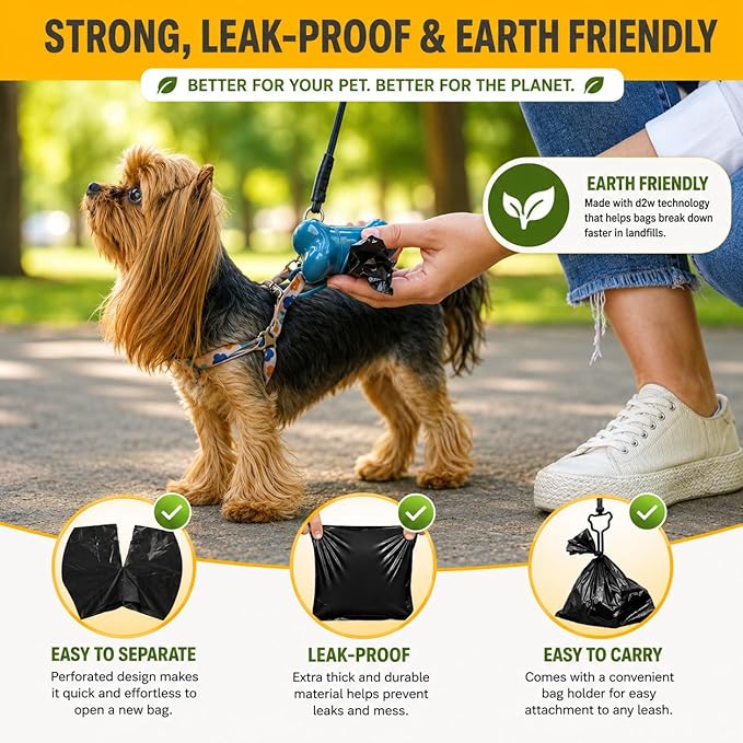Dog Poop Biodegradable Black Bags with Dispenser (700 Bags) Eco-friendly doggy poop bags Pickup Bag 35 Refill Rolls Eco Dog Waste Bags Cat Litter Clamps & Poop Bags (35 Rolls, Uscented)