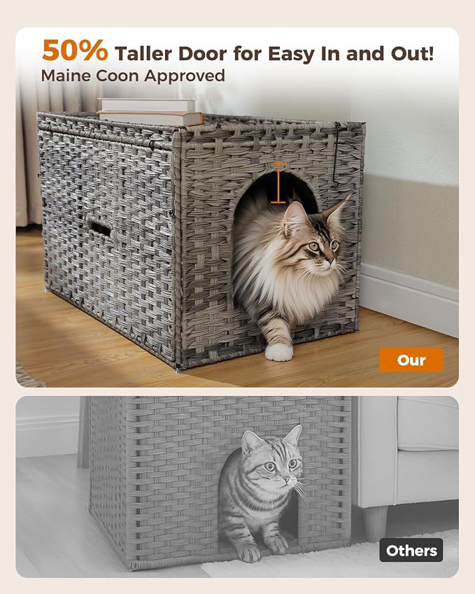 MUTTROS Rattan Cat Litter Box Enclosure - Extra Large Hidden Litter Box Furniture by Handwoven Wicker with Taller Doorway & Raised Edge Mat-Cat House Cabinet for Large Cats Indoor Odor Control, Gray