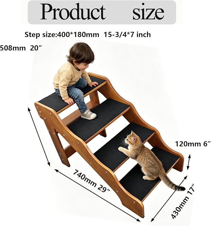 Solid Wood pet Staircase Walnut Paint, Dog Ladder, Suitable for high beds, Sofas, and Cars, with a Weight Capacity of 500 pounds, Anti Slip Staircase, Suitable for Large Pets (Walnut 4 Steps)