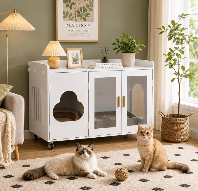 Cat Litter Box Enclosure, Large Cat Litter Box Furniture Transparent Glass Door, Fit Most of Litter Box, Modern Indoor Partitioned Cat House, End Table, 39.4 X 21.7 X 24.8 Inches, White