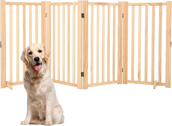 Wooden Freestanding Dog Gate, Foldable Pet Gate with Support Feet, Indoor Dog Fence for The House,Doorways, Stairs，Expandable Pet Fence -4 Panel H:36”
