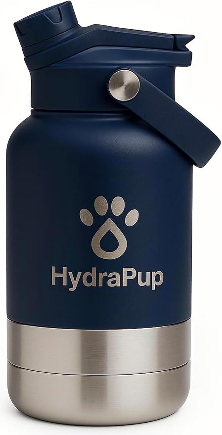 32oz Insulated Water Bottle with Dog Bowls – Human & Pet Shared Use, Stainless Steel Leakproof Travel Bottle (Navy Blue)