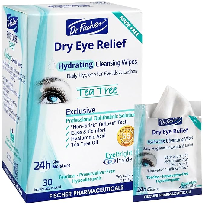 Dr. Fischer Tea Tree Eyelid Wipes - Gentle Eye Wipes for Everyday Eye Cleansing and Hypoallergenic Makeup Remover (60 Wipes)