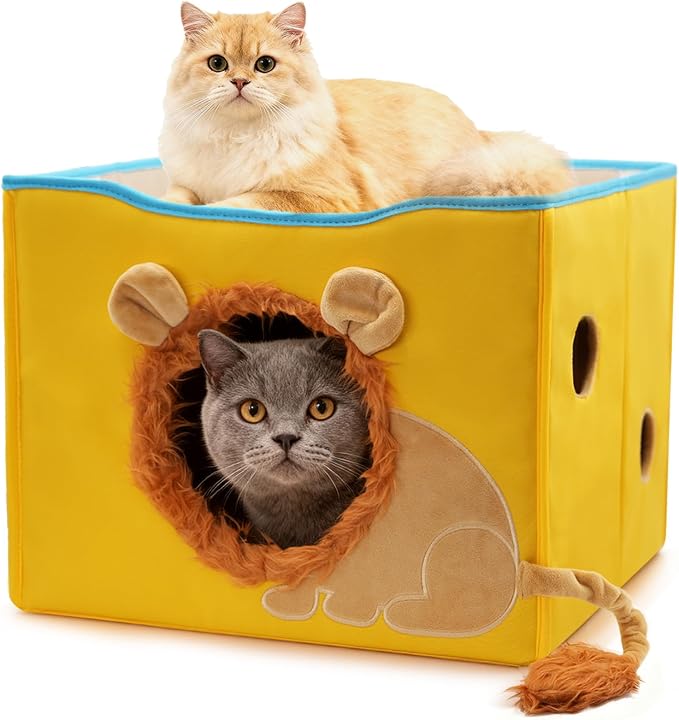 CWV Interactive Cat Toys for Indoor Cats, Kitten Toys with Scratch Pad， Cat Hideaway with Peekaboo Holes, Lion Cat House Cave with Soft Pillow
