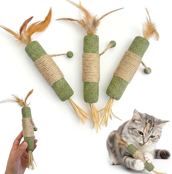 3 Pack Large Catnip Sticks with Feathers & Raffia, Interactive Cat Toys for Teeth Cleaning, Fresh Breath,Edible Cat Chew Sticks