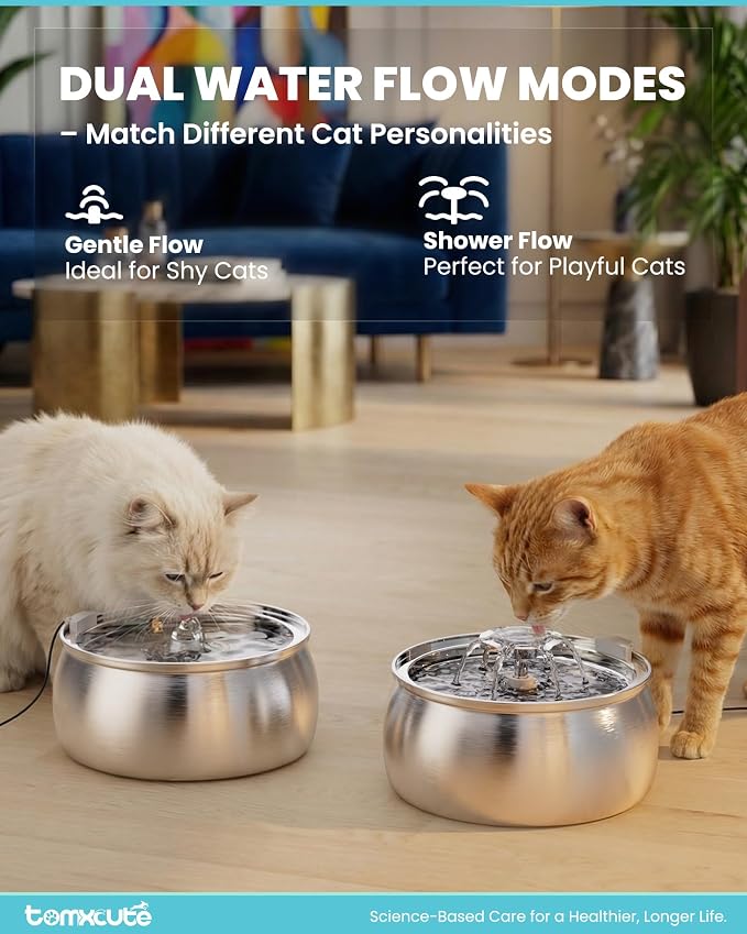 Tomxcute Cat Water Fountain Stainless Steel: 4L/135oz Large Capacity Dual-Mode Flow Ultra Quiet Pump Filtered Circulating Water for Multiple Pets Indoor with 3 Replacement Filters