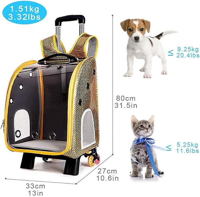 Pet Travel Rolling Carrier Backpack with Removable Wheels,Portable Foldable Breathable Airline Approved Hiking Soft-Sided Carrying Bag Trolley for Small Dogs And Cats with Mesh Ventilation Windows