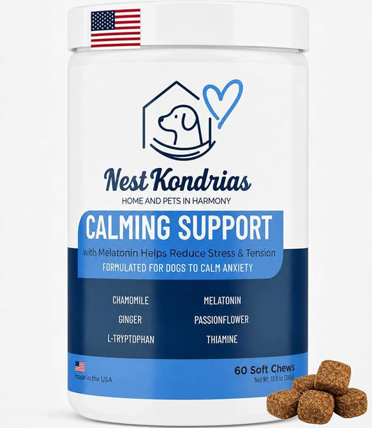 Calming Chews for Dogs – Soft Chews with Melatonin & Natural Calming Blend to Support Relaxed Behavior During Fireworks, Thunderstorms, Grooming & Travel, 60 Count
