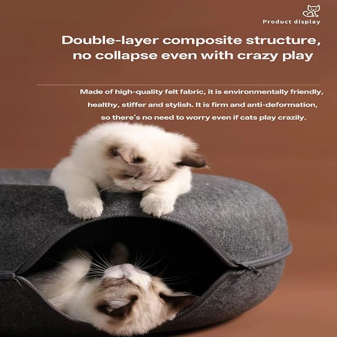 Cat Donut Tunnel Bed for Indoor Cats - Peekaboo Cat Cave, Detachable Felt, Washable, Interactive Play & Cozy Rest Space for Multiple Cats (Dark Gray)