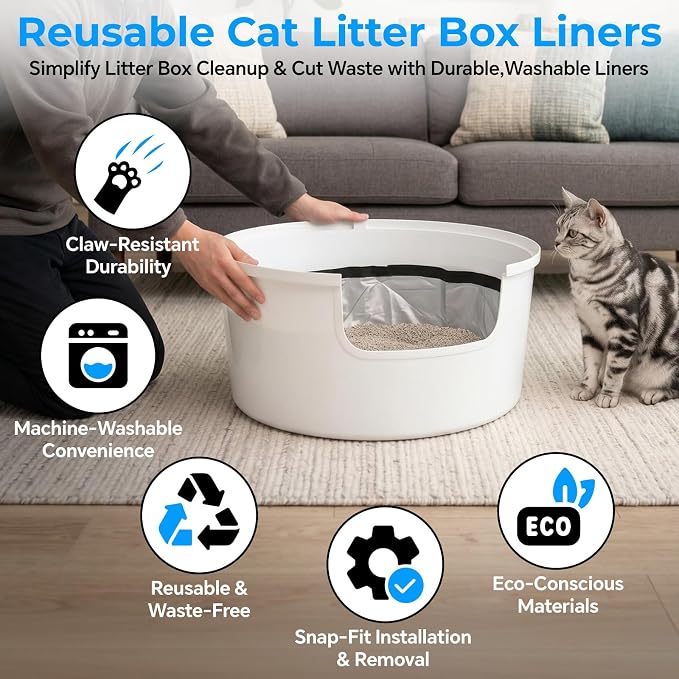 Reusable Cat Litter Box Liners for Hidden Plant Litter Box, Waterproof Leak Proof Scratch Resistant Cat Liners with Easy-Attach Hook-and-Loop Fasteners 2-Pack (Black)