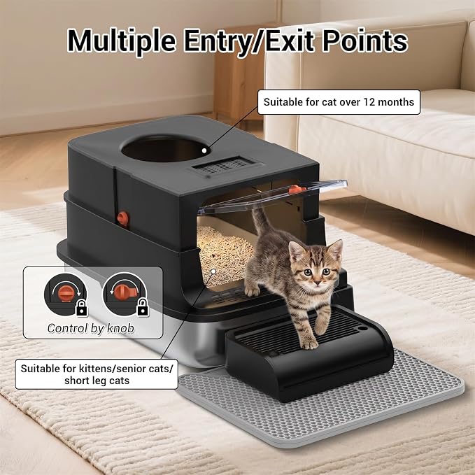 Stainless Steel Cat Litter Box with Lid, Extra Large Cat Litter Box for Large Cats, Metal Litter Boxs with High Sided Enclosed and Scoop, Easy to Clean, Top Entry, Odor Control, Black