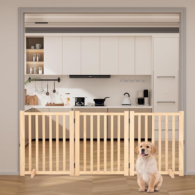 Wooden Freestanding Dog Gate, Foldable Pet Gate with Support Feet, Indoor Dog Fence for The House,Doorways, Stairs，Expandable Pet Fence -3 Panel H:24”