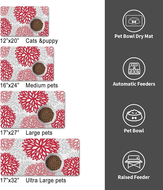 Dog Food Mats for Floors, Absorbent and Quick-Drying Pet Cat Food Mat,Anti-Fouling and Easy-to-Clean Pet Feeding Mat,Dog Bowl Mat for Messy Drinking Water Bowls.16x24, Bohemia Dahlia Floral Style