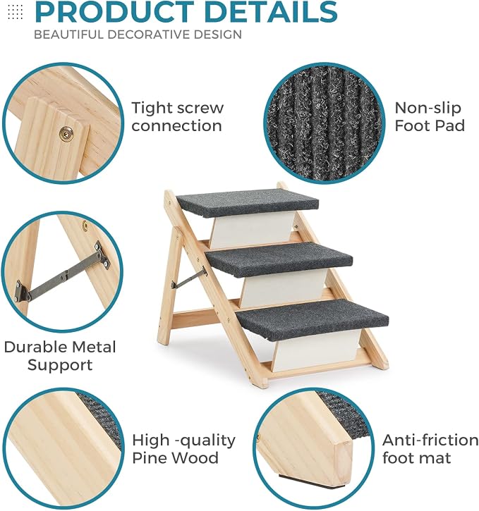 MEWANG Wood Pet Stairs & Ramp for Small/Medium Dogs and Cats, Aging Pets – 2-in-1 Foldable, Portable, Non-Slip Pet Ladder for Tall Beds, Couches,Cars–Holds Up to 220 lbs (24.8" L x 17.2" W x 19.5" H)