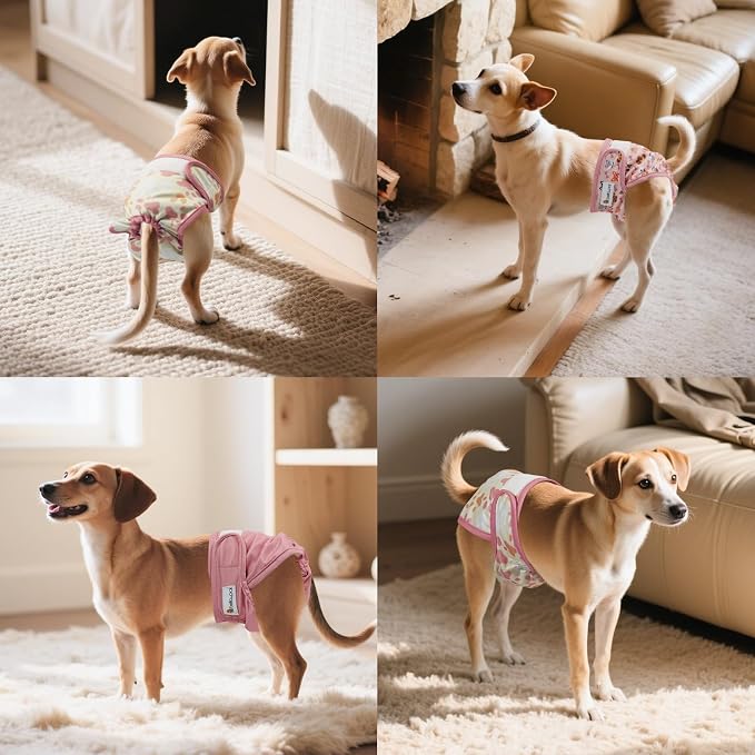 BELLA & PAL Washable Dog Diapers Female, 3 Pack Highly Absorbent Dog Diaper, Leak-Proof Diaper for Dog Female in Heat, Period, Incontinence, Excitement Pee (Pink Delight, S (10-14" Waist))