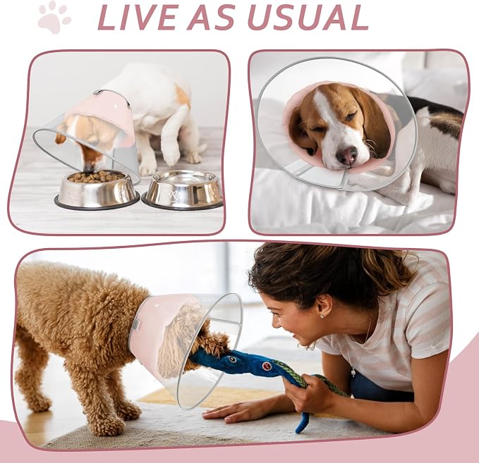 Dog Cone Collar with Snap-on Detachable Soft Liner, Lightweight Transparent Elizabethan Alternative to Stop Licking, for Spay Neuter Surgery Recovery, for Medium Large Small Dogs (Pink,XS)