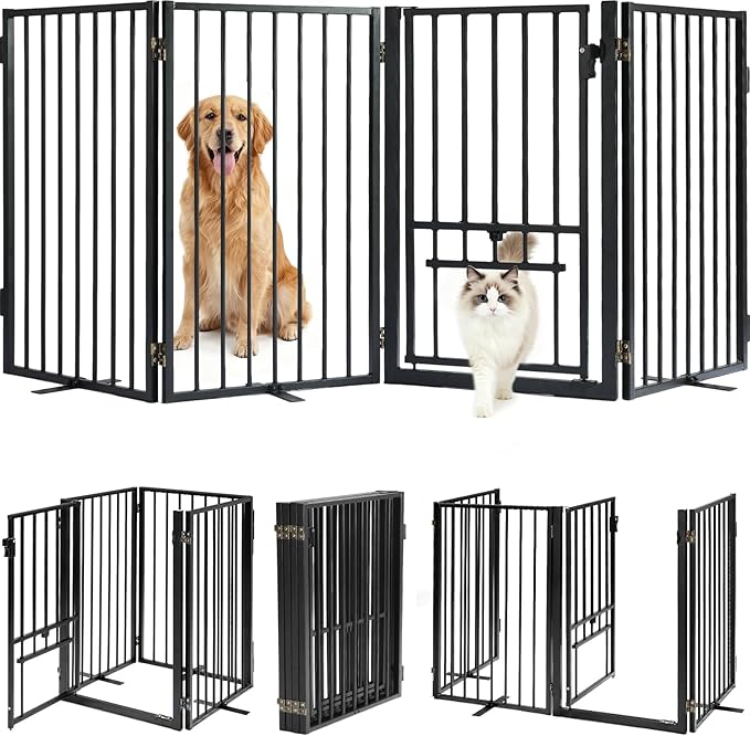 Metal Freestanding Dog Gate with Cat Door for Outdoor Indoor,80" Extra Wide Foldable Pet Fence,30" Tall Dog Gate for Large Opening,Stairs,Hallways,Doorways,Deck,Yard,with 3PCS Support(4 Panels,Black)