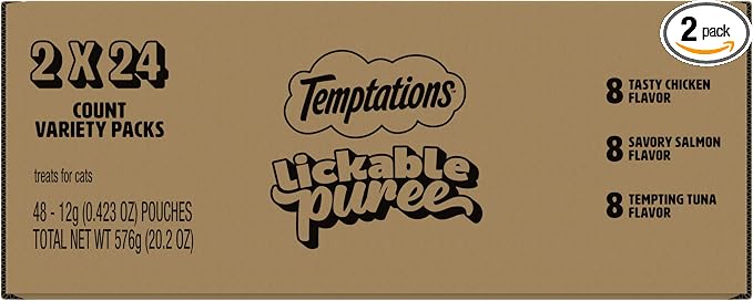 Temptations Creamy Puree Squeezable Lickable Cat Treats, Wet Cat Treats with Chicken, Salmon, and Tuna Variety Pack, 0.42 oz. Tubes, 24 Count, Pack of 2 (48 Total)