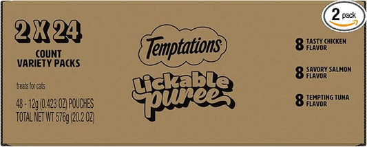 Temptations Creamy Puree Squeezable Lickable Cat Treats, Wet Cat Treats with Chicken, Salmon, and Tuna Variety Pack, 0.42 oz. Tubes, 24 Count, Pack of 2 (48 Total)